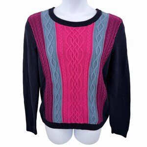 TOMMY HILFIGER CABLE KNIT PINK BLUE PURPLE LONG SLEEVE 100% COTTON SWEATER - L
